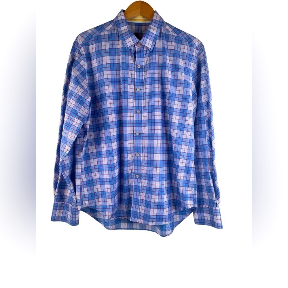 Robert Graham Tailored Fit Men Blue White Plaid Men's Shirt Long Sleeve Size L